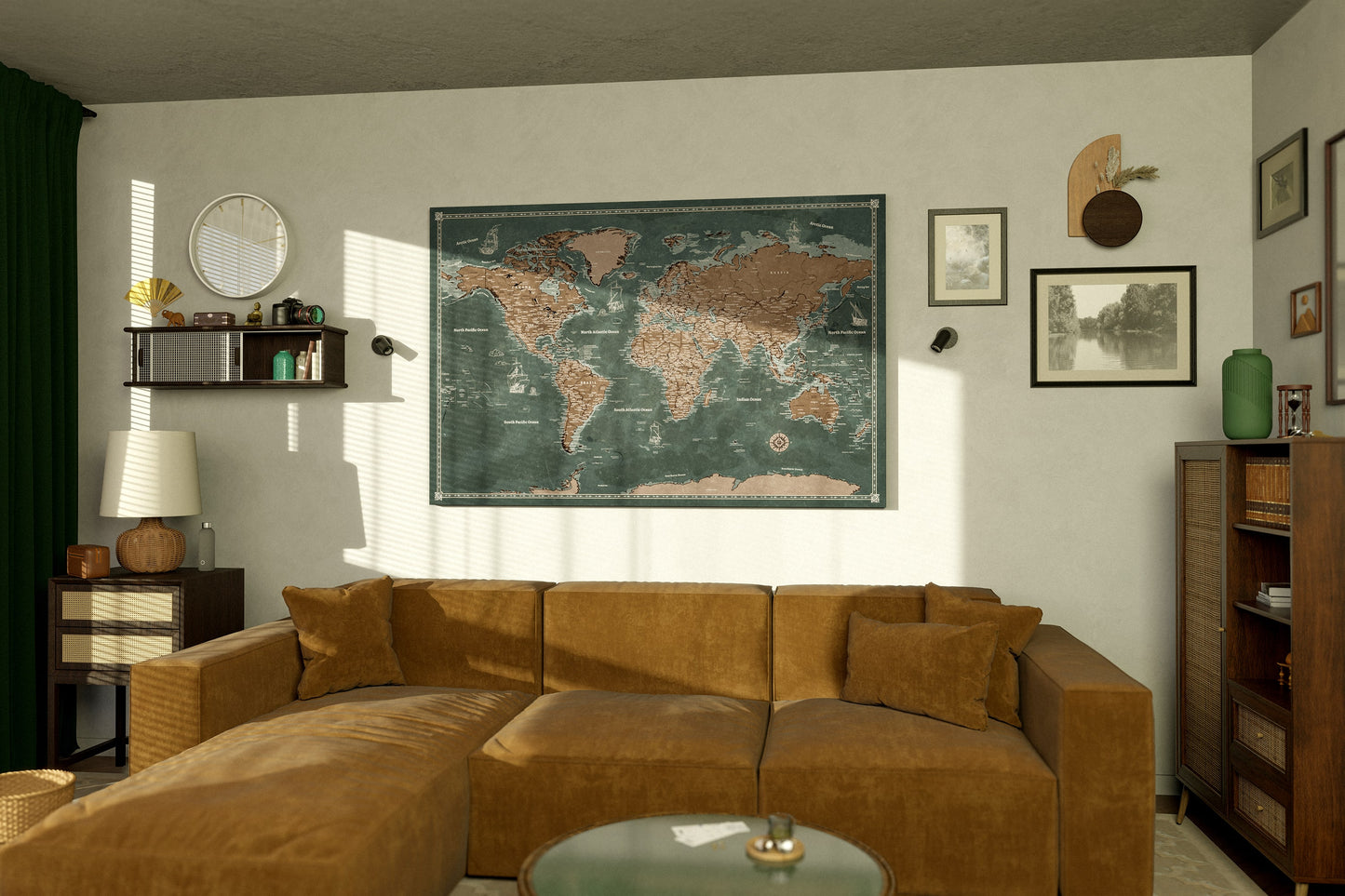 Personalisierte Weltkarte auf Leinwand mit Stecknadeln - Entdeckergrün