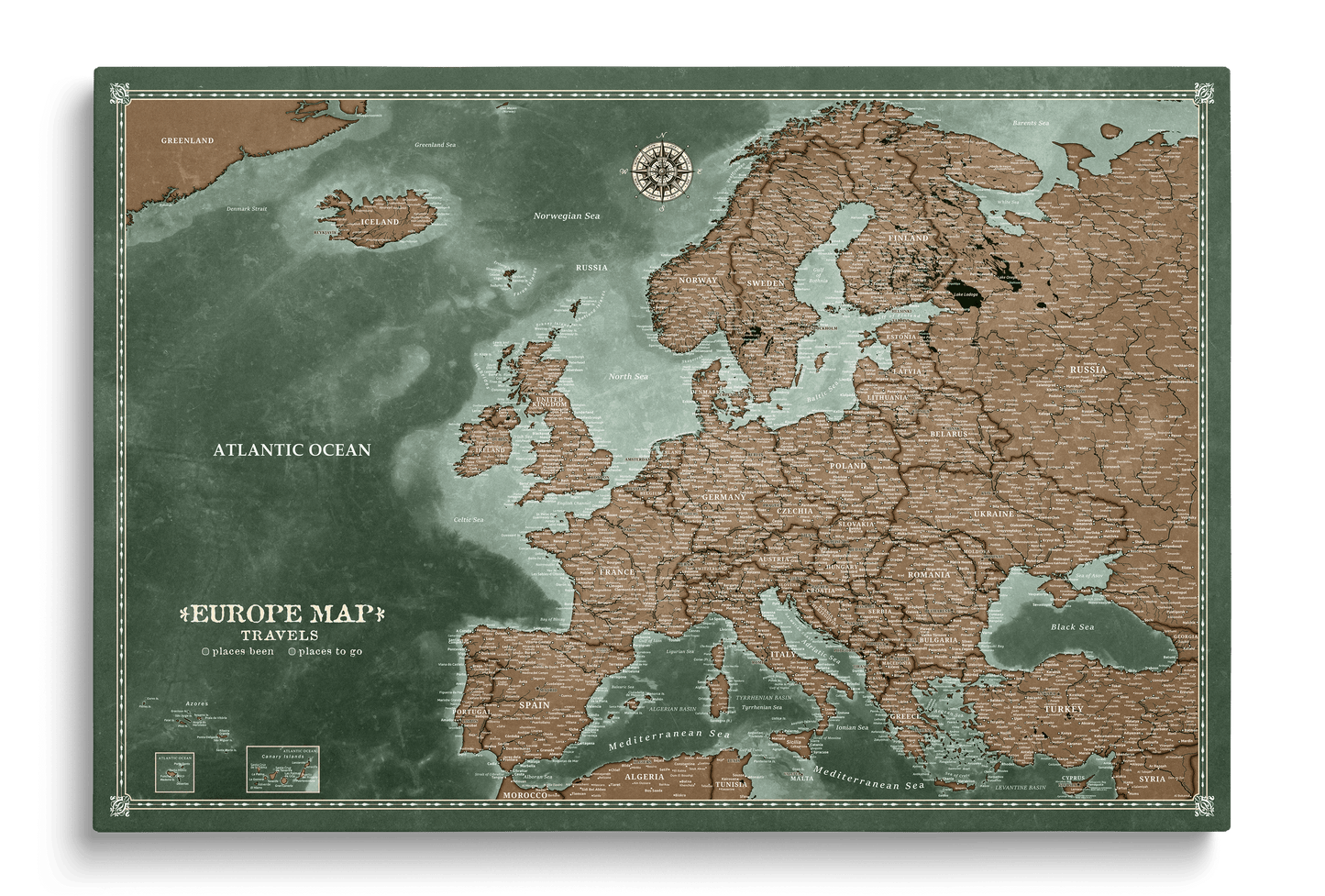 Personalisierte Karte von Europa auf Leinwand mit Stecknadeln - Explorer's Green