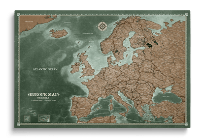 Personalisierte Karte von Europa auf Leinwand mit Stecknadeln - Explorer's Green
