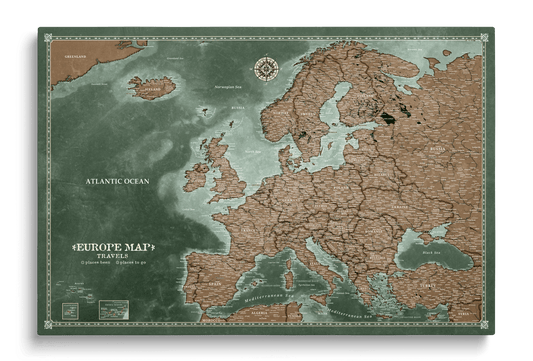 Personalisierte Karte von Europa auf Leinwand mit Stecknadeln - Explorer's Green
