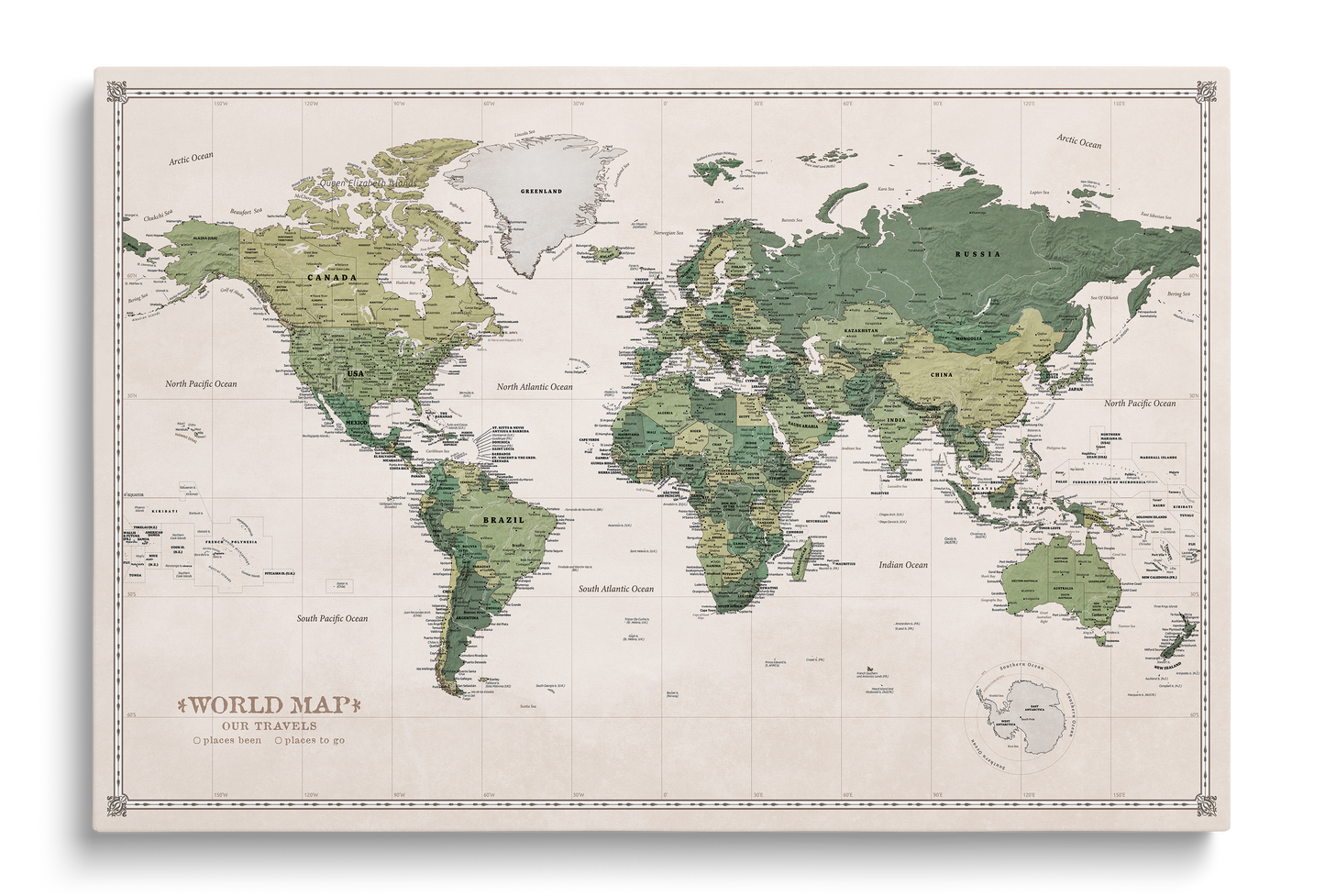 Personalisierte Weltkarte auf Leinwand mit Stecknadeln - Grüner Garten