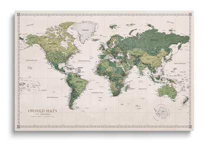Personalisierte Weltkarte auf Leinwand mit Stecknadeln - Grüner Garten