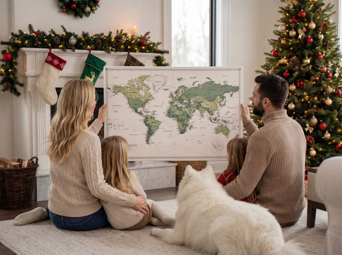 Personalisierte Weltkarte auf Leinwand mit Stecknadeln - Grüner Garten