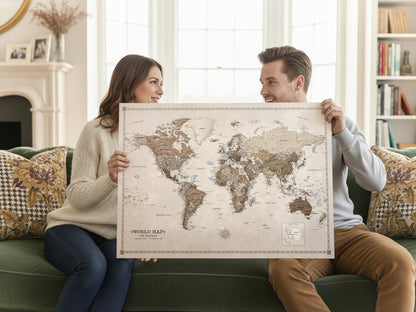 Personalisierte Weltkarte auf Leinwand mit Stecknadeln - Desert Tones