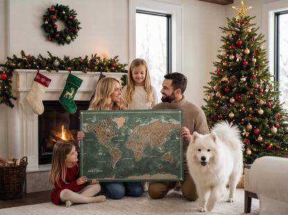 Personalisierte Weltkarte auf Leinwand mit Stecknadeln - Entdeckergrün