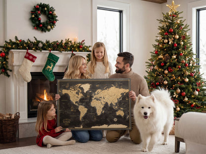 Personalisierte Weltkarte auf Leinwand mit Stecknadeln - Goldene Reisen