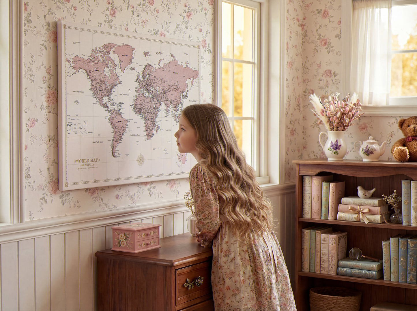 Personalisierte Weltkarte auf Leinwand mit Stecknadeln - Rosenkompass