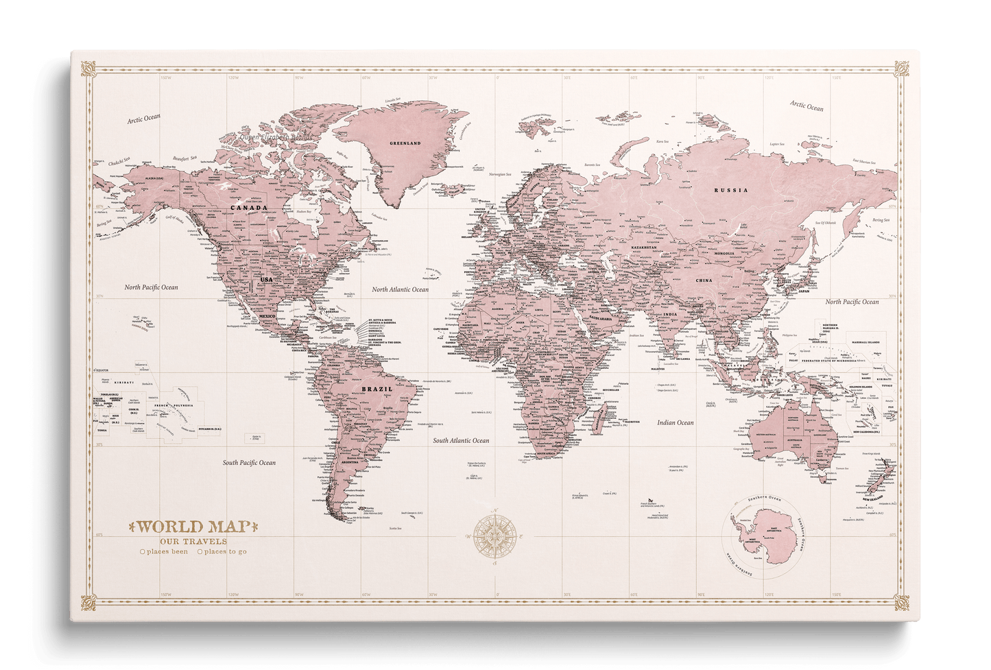 Personalisierte Weltkarte auf Leinwand mit Stecknadeln - Rosenkompass