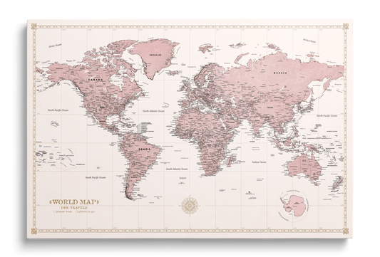Personalisierte Weltkarte auf Leinwand mit Stecknadeln - Rosenkompass