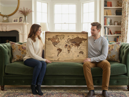 Personalisierte Weltkarte auf Leinwand mit Stecknadeln - Vintage Sepia