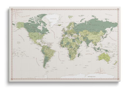 Green world map on canvas with pushpins for marking travels, decorative and functional wall decor